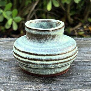 Vintage Artist Signed Blue Drip Brown Glaze Studio Pottery Vase Wheel Thrown Pot